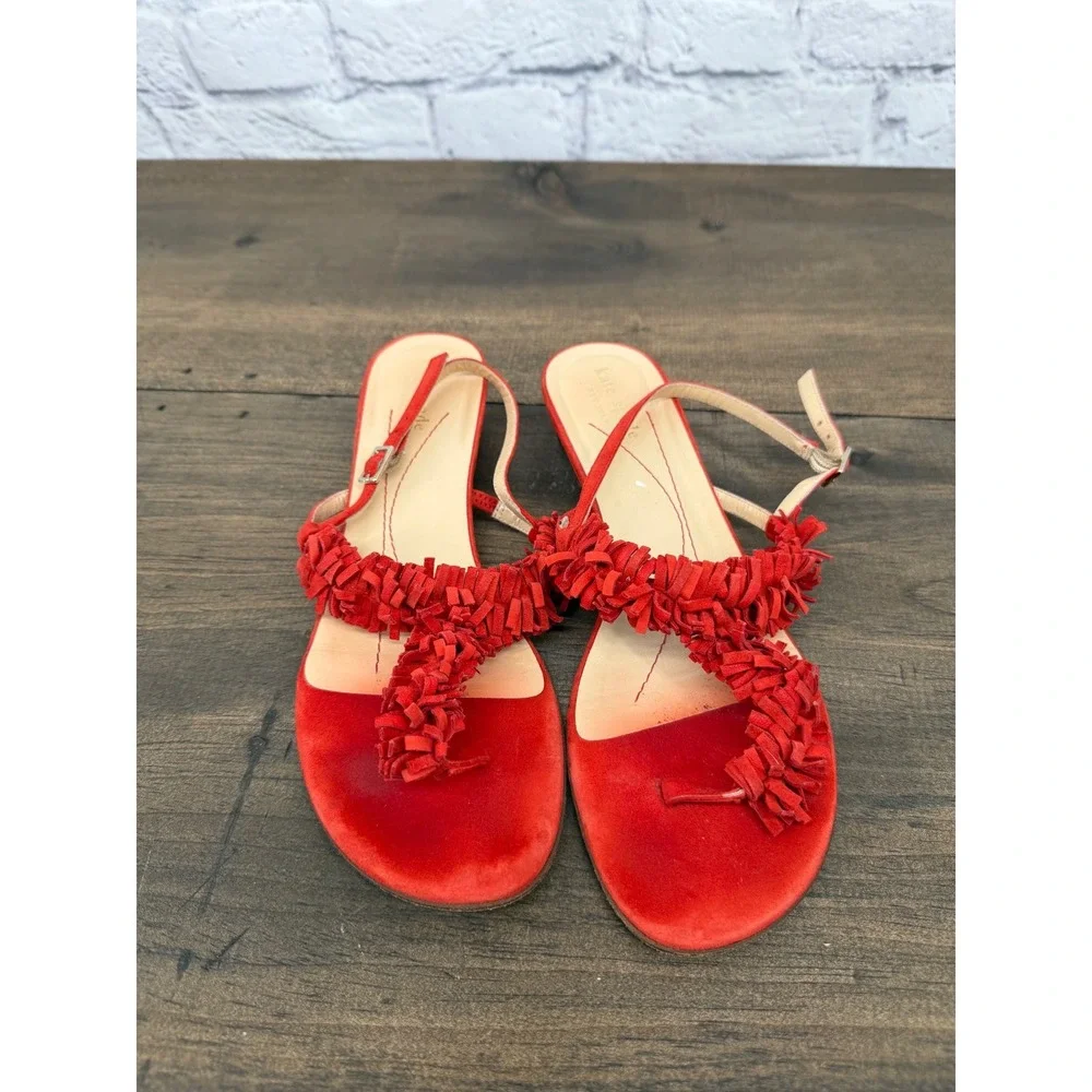 Kate Spade New York Coral Red Suede Fringe Kitten Heel‎ Sandals Women's Size 8B